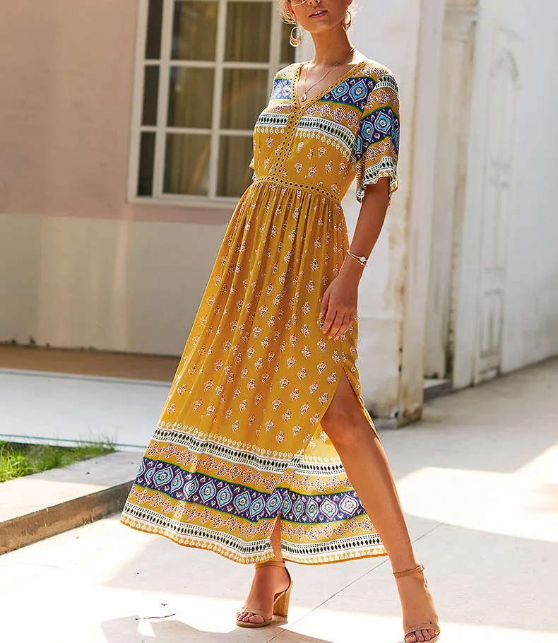 Bohemian Print V-neck Short Sleeve Dress