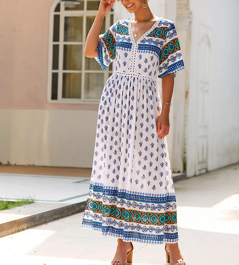 Bohemian Print V-neck Short Sleeve Dress