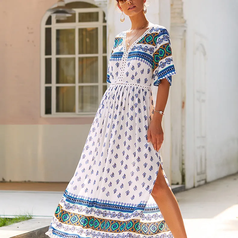 Bohemian Print V-neck Short Sleeve Dress