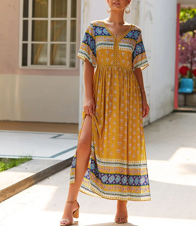 Bohemian Print V-neck Short Sleeve Dress
