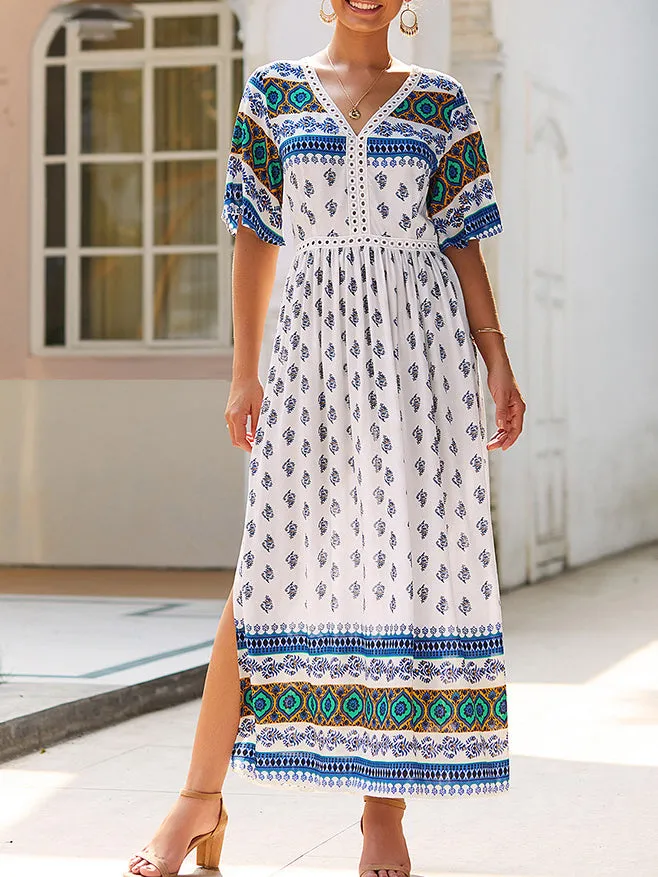Bohemian Print V-neck Short Sleeve Dress