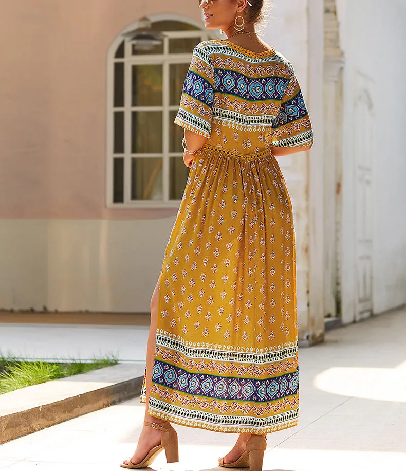 Bohemian Print V-neck Short Sleeve Dress