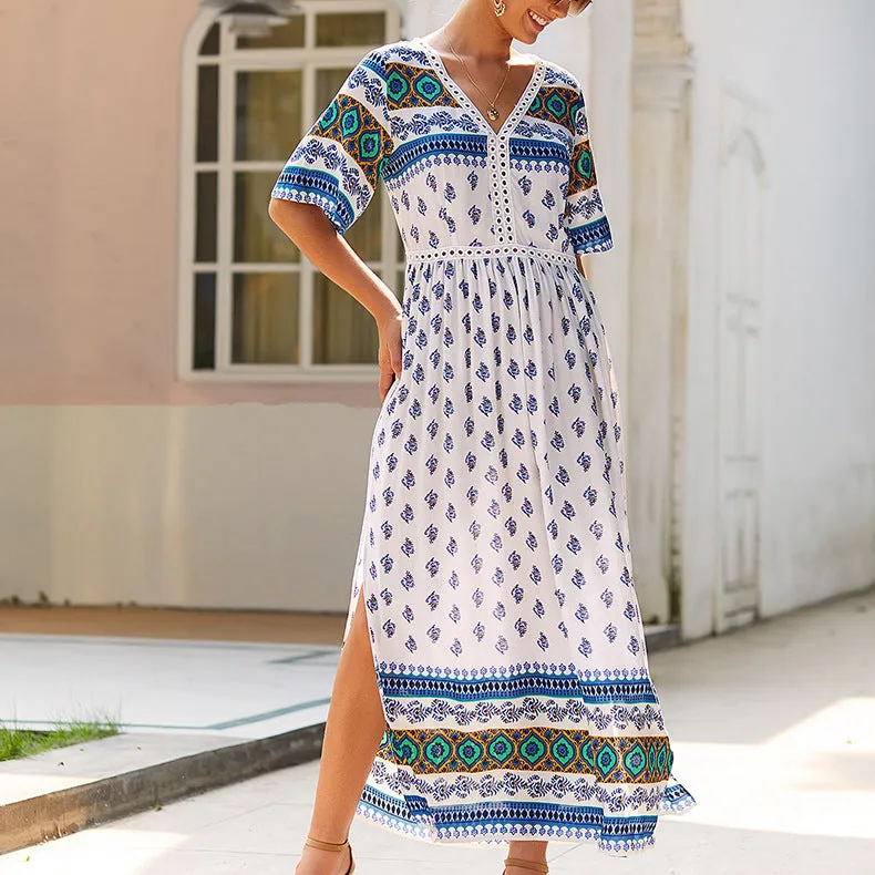Bohemian Print V-neck Short Sleeve Dress