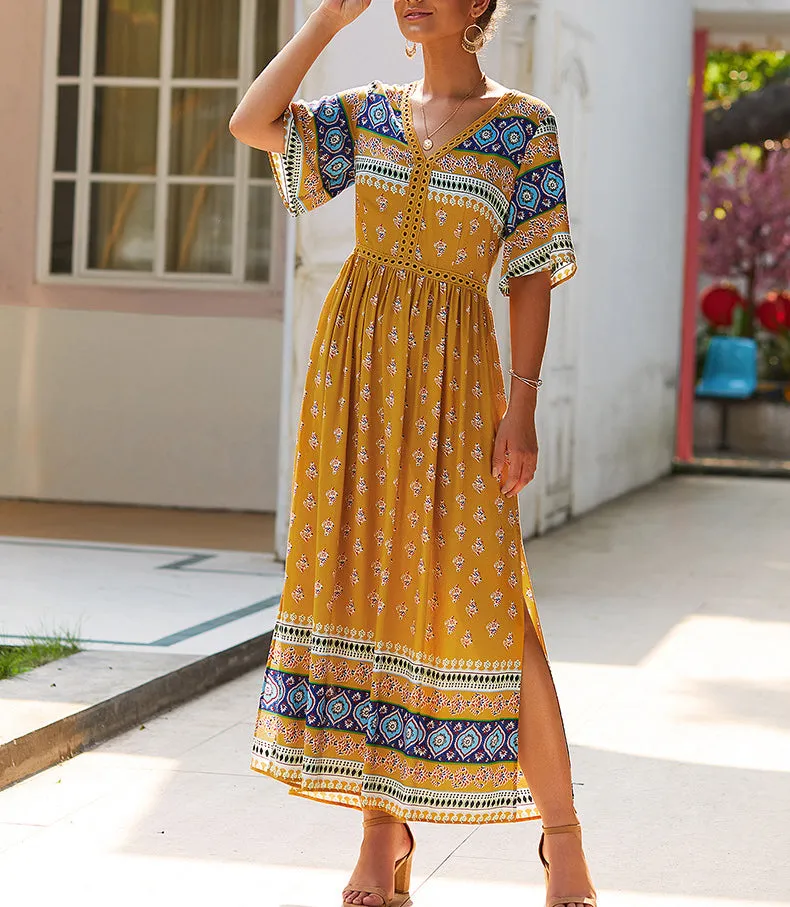 Bohemian Print V-neck Short Sleeve Dress