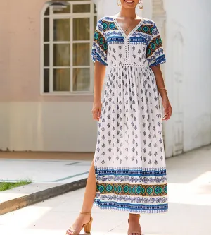 Bohemian Print V-neck Short Sleeve Dress