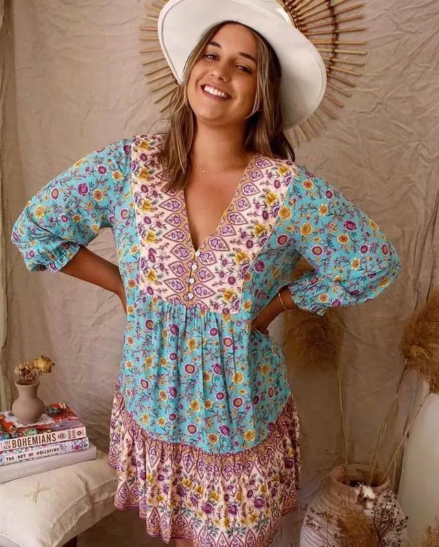 Boho Bohemia V-neck Single-breasted Ruffled Floral Mini Dresses