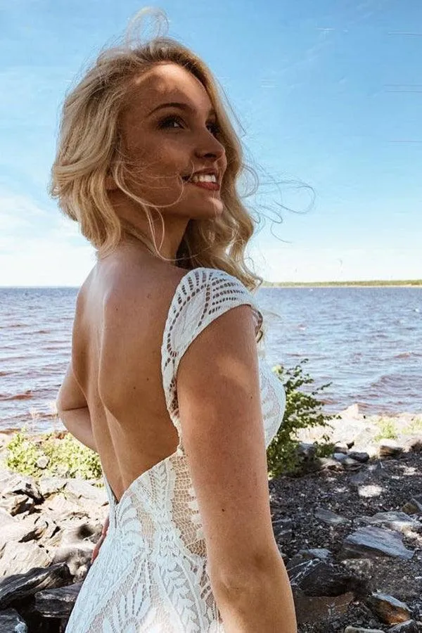 Boho Lace Sheath Sweep Train Sheath Beach Wedding Dresses  WD592