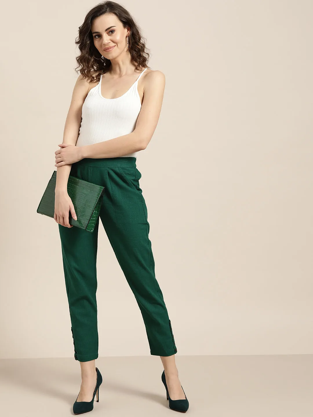 Bottle Green Solid Cotton Slub Pants