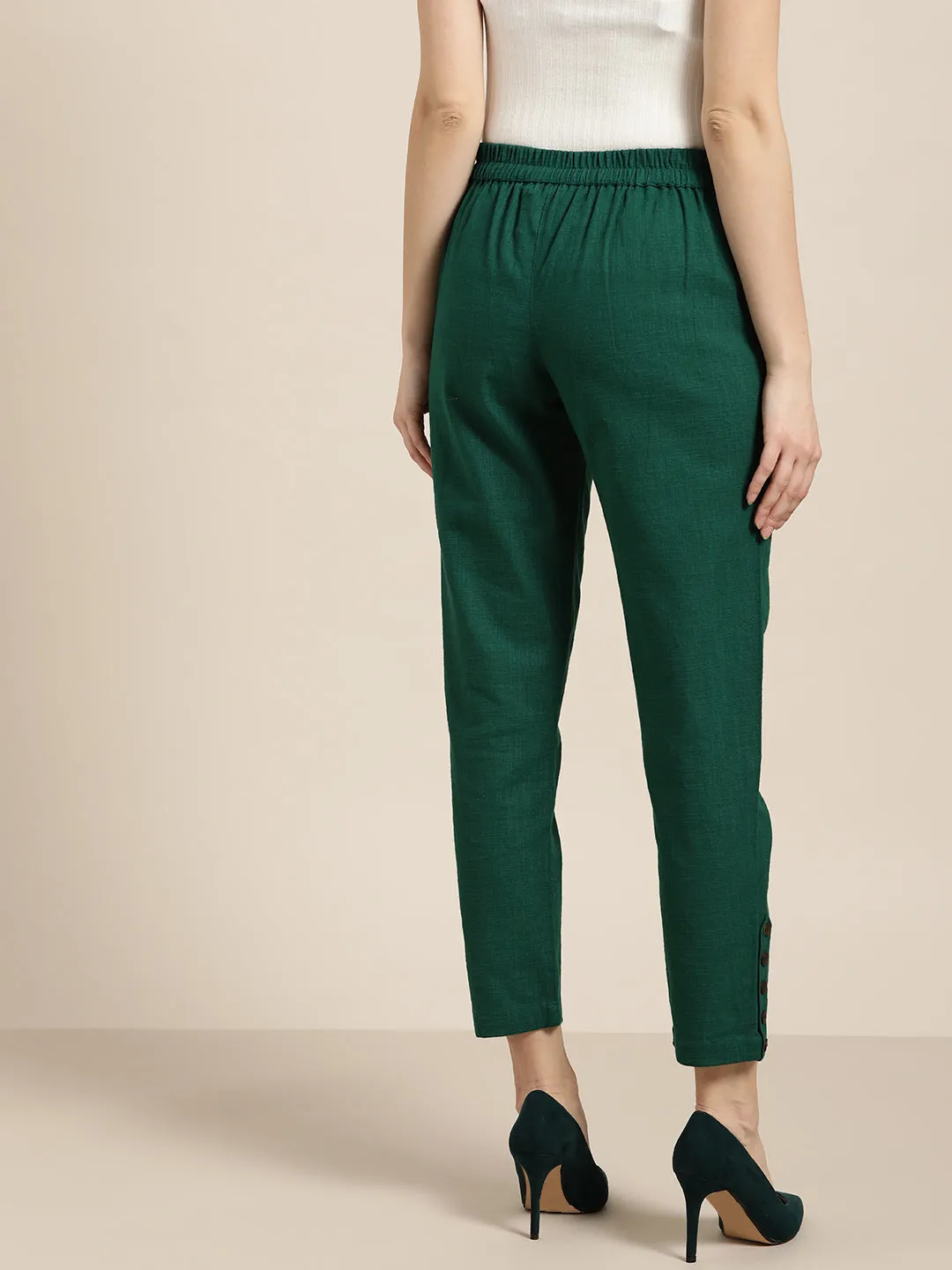 Bottle Green Solid Cotton Slub Pants