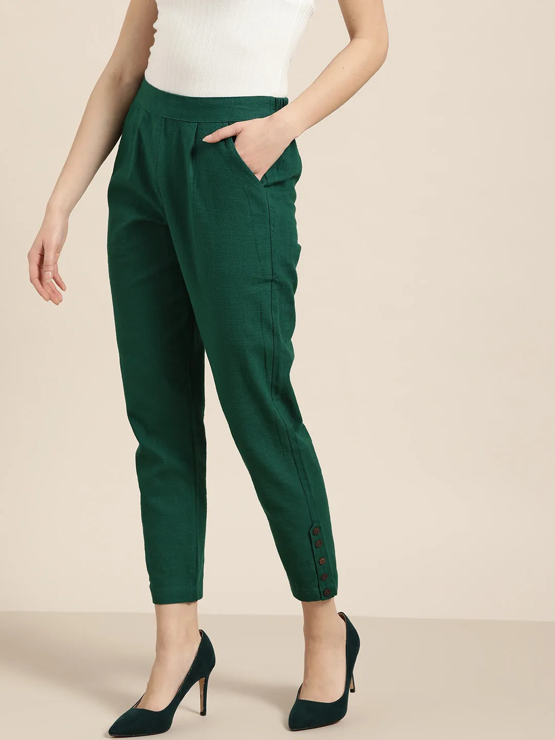 Bottle Green Solid Cotton Slub Pants