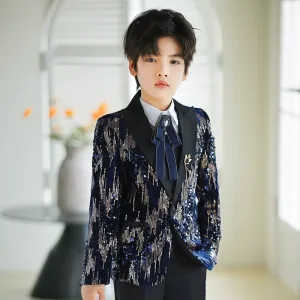 Boys Shiny Navy Red Colorful Sequins Jazz Dance Blazers  Kids Singers Host Choir Perform Jacket Wedding Party Flowers Boys Piano Performance Dress Coats