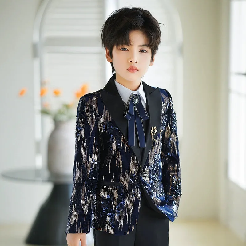 Boys Shiny Navy Red Colorful Sequins Jazz Dance Blazers  Kids Singers Host Choir Perform Jacket Wedding Party Flowers Boys Piano Performance Dress Coats