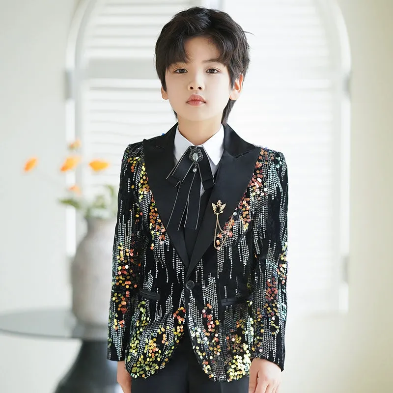 Boys Shiny Navy Red Colorful Sequins Jazz Dance Blazers  Kids Singers Host Choir Perform Jacket Wedding Party Flowers Boys Piano Performance Dress Coats