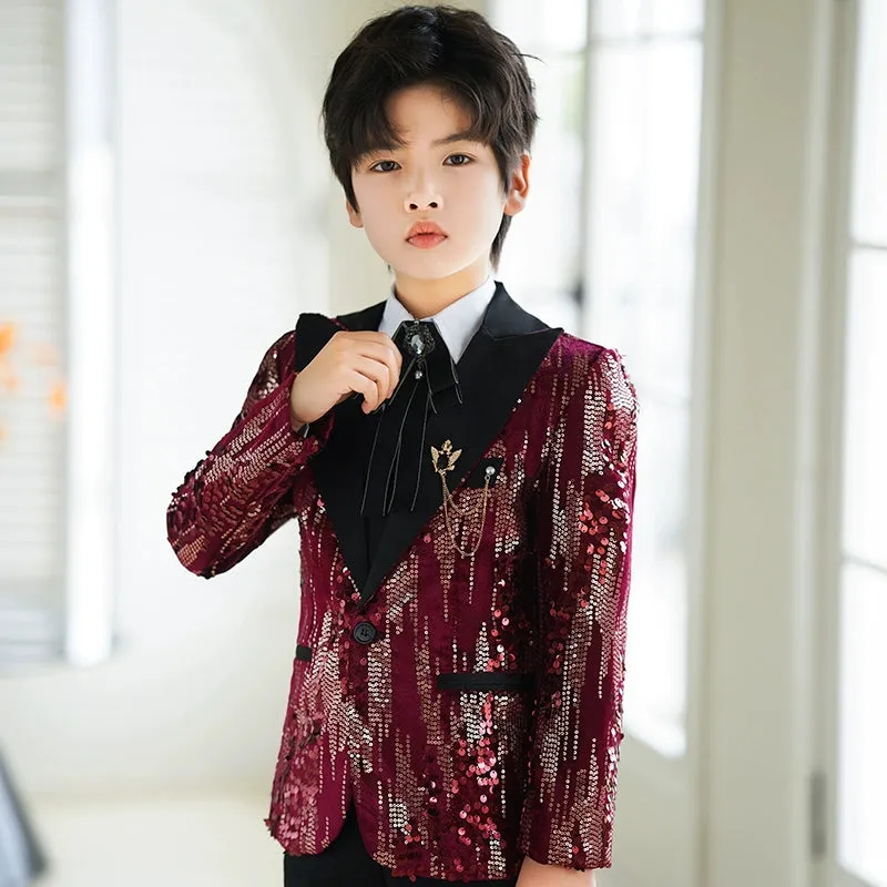 Boys Shiny Navy Red Colorful Sequins Jazz Dance Blazers  Kids Singers Host Choir Perform Jacket Wedding Party Flowers Boys Piano Performance Dress Coats
