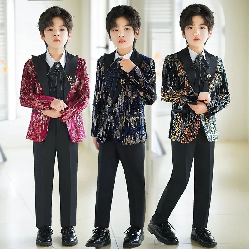 Boys Shiny Navy Red Colorful Sequins Jazz Dance Blazers  Kids Singers Host Choir Perform Jacket Wedding Party Flowers Boys Piano Performance Dress Coats