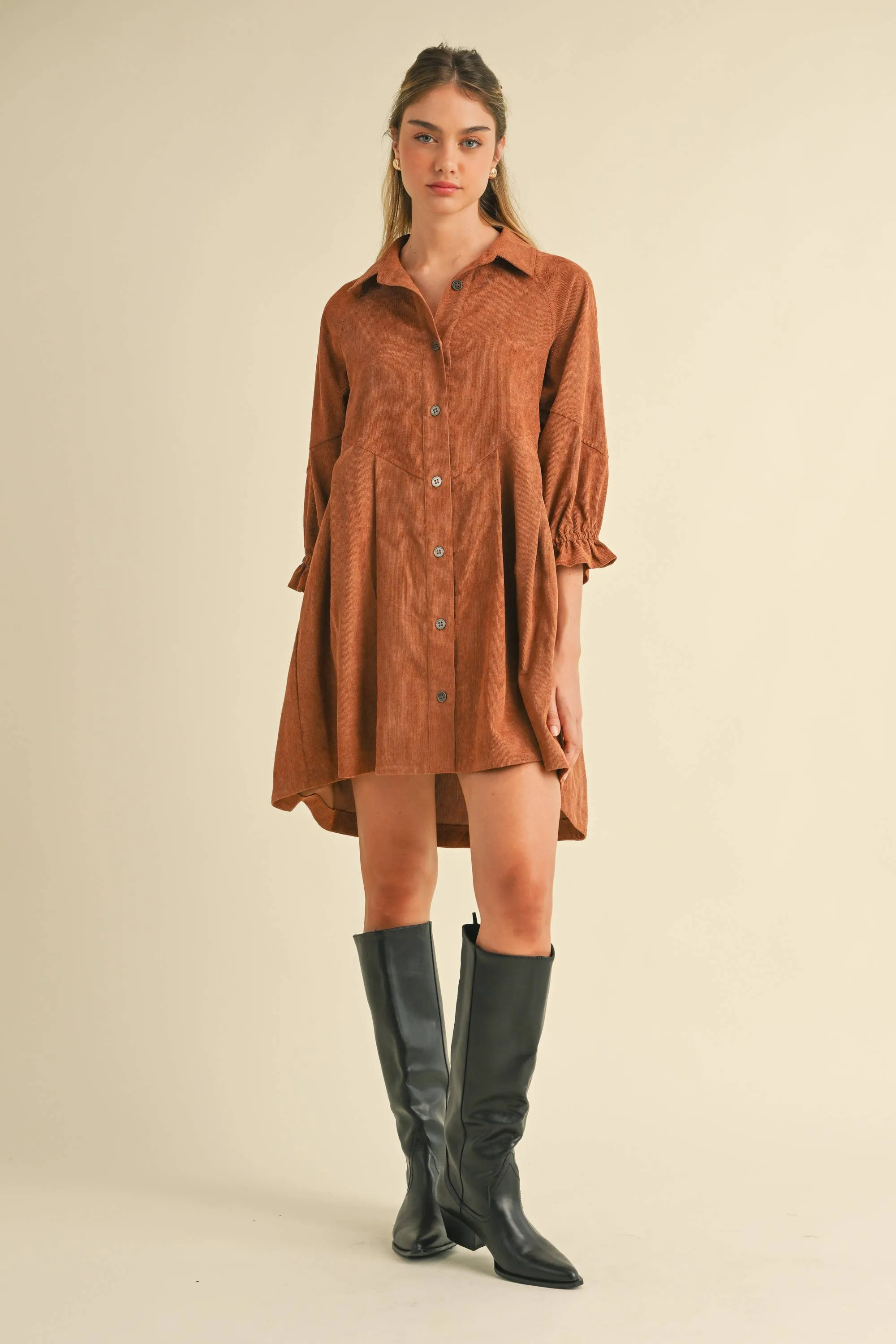Brown Corduroy Button Down Dress