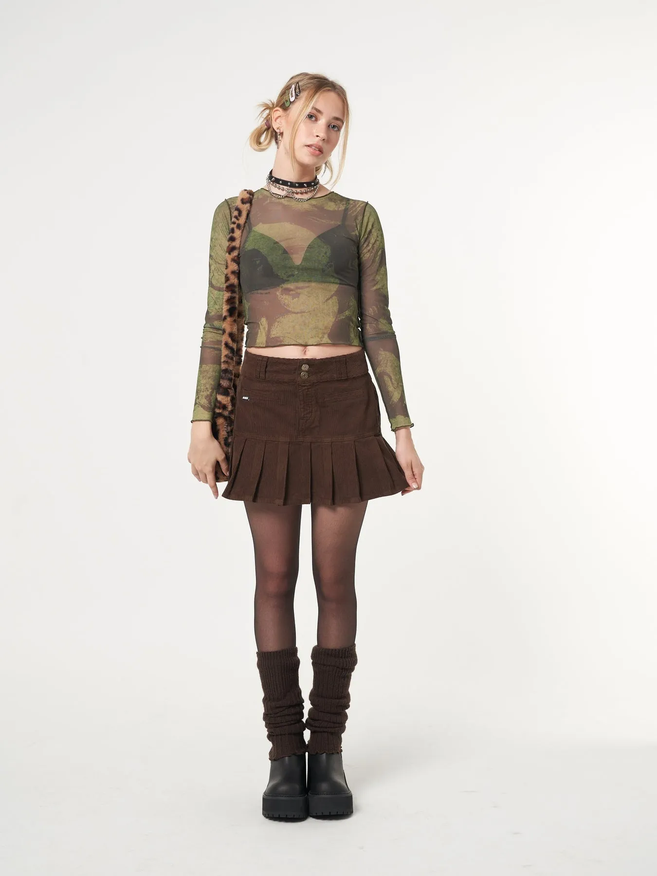 Brown Corduroy Pleated Mini Skirt