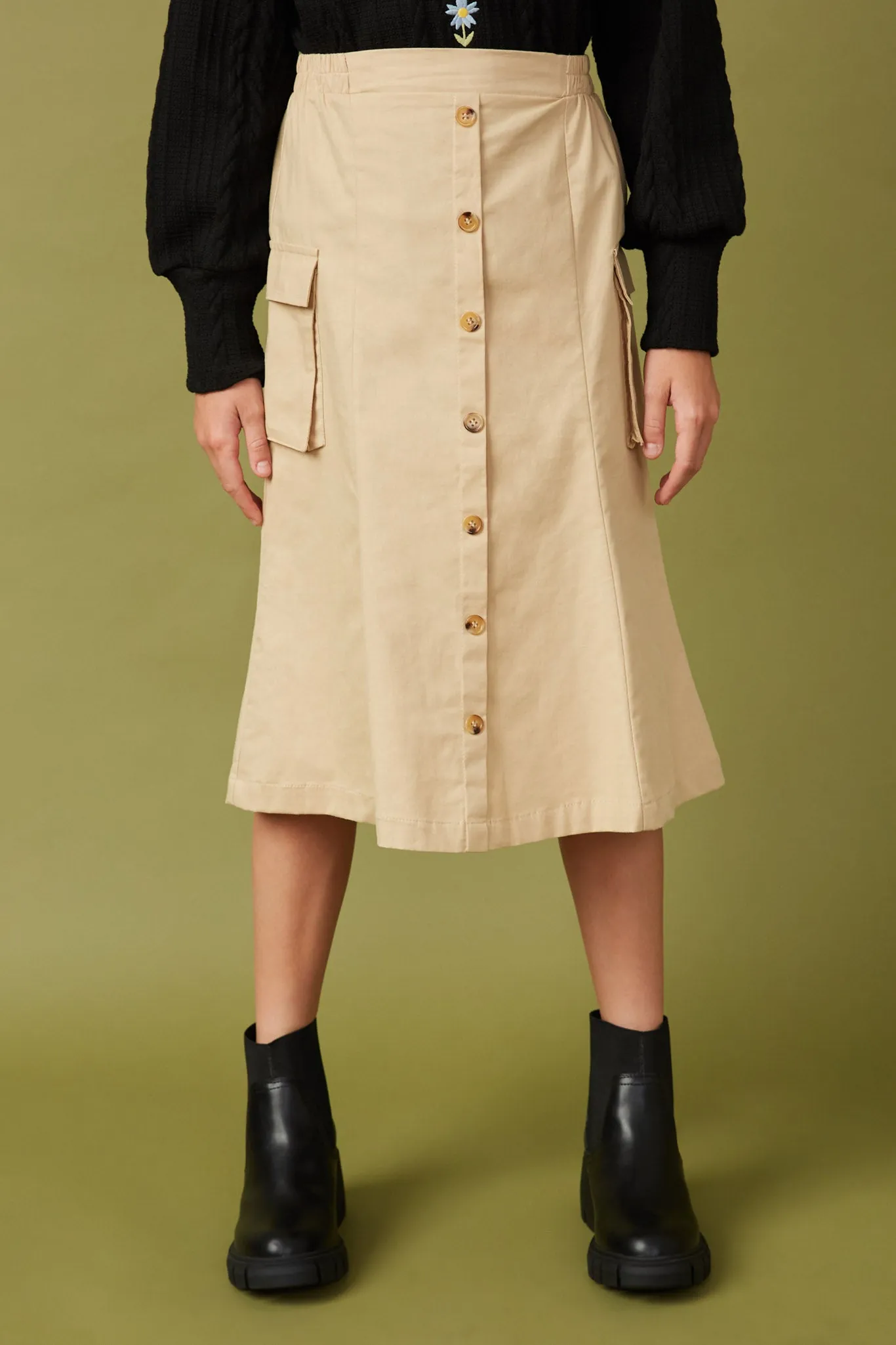 Button Down Cargo Pocket Midi Skirt