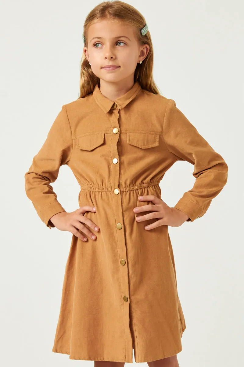 Button Down Cinched Waist Corduroy Dress