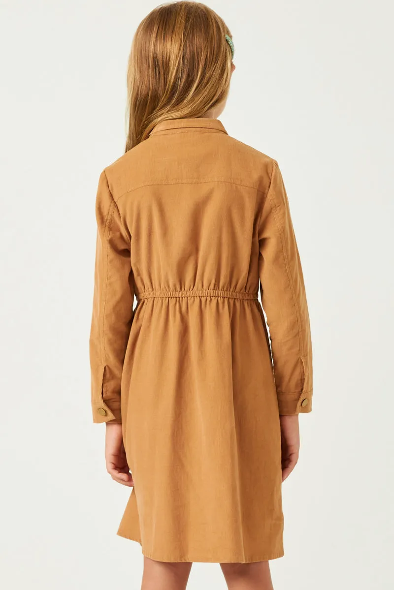 Button Down Cinched Waist Corduroy Dress