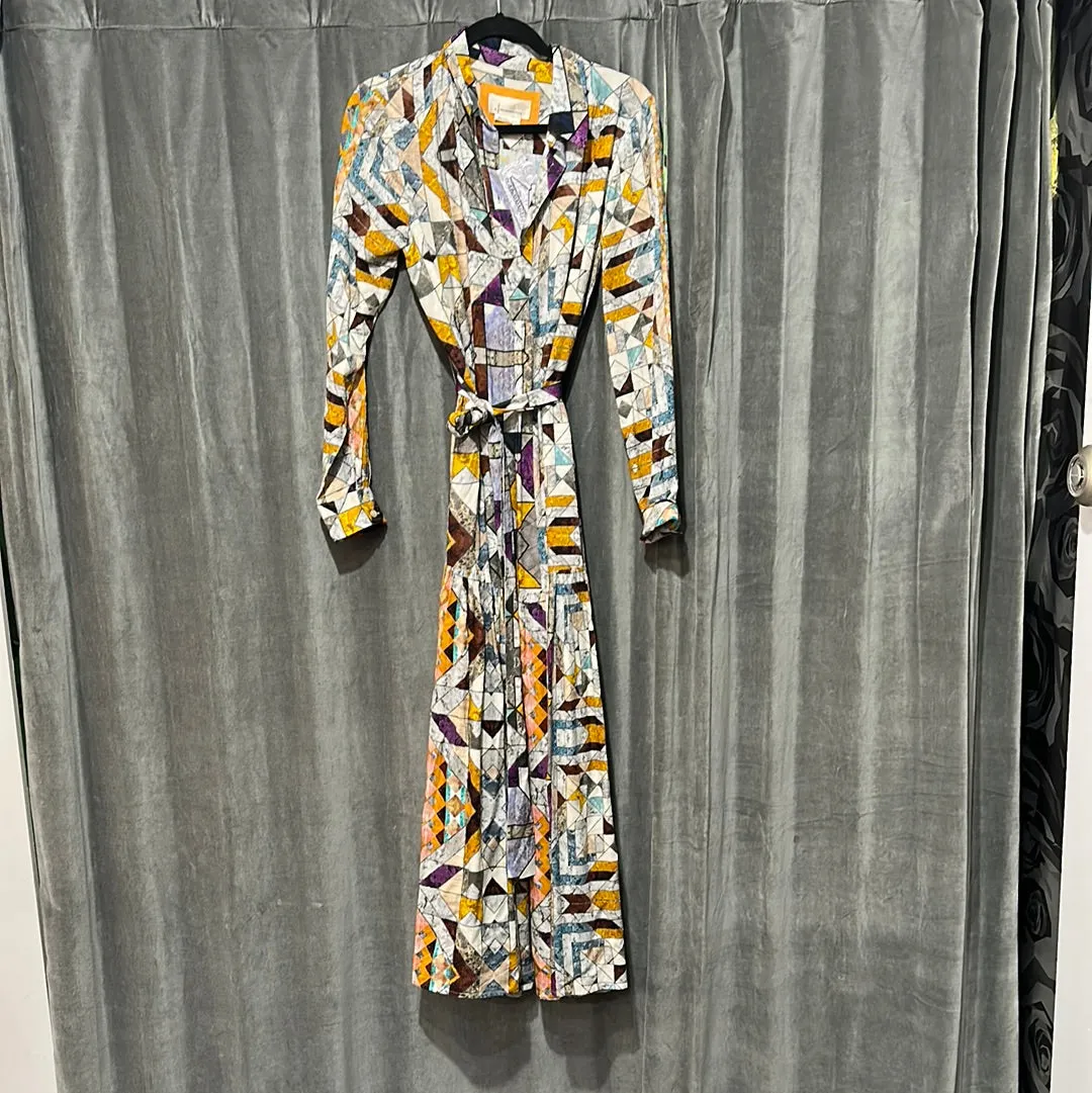 by Anthropolgy Printed Long Sleeve Button Down Belted Maxi Dress