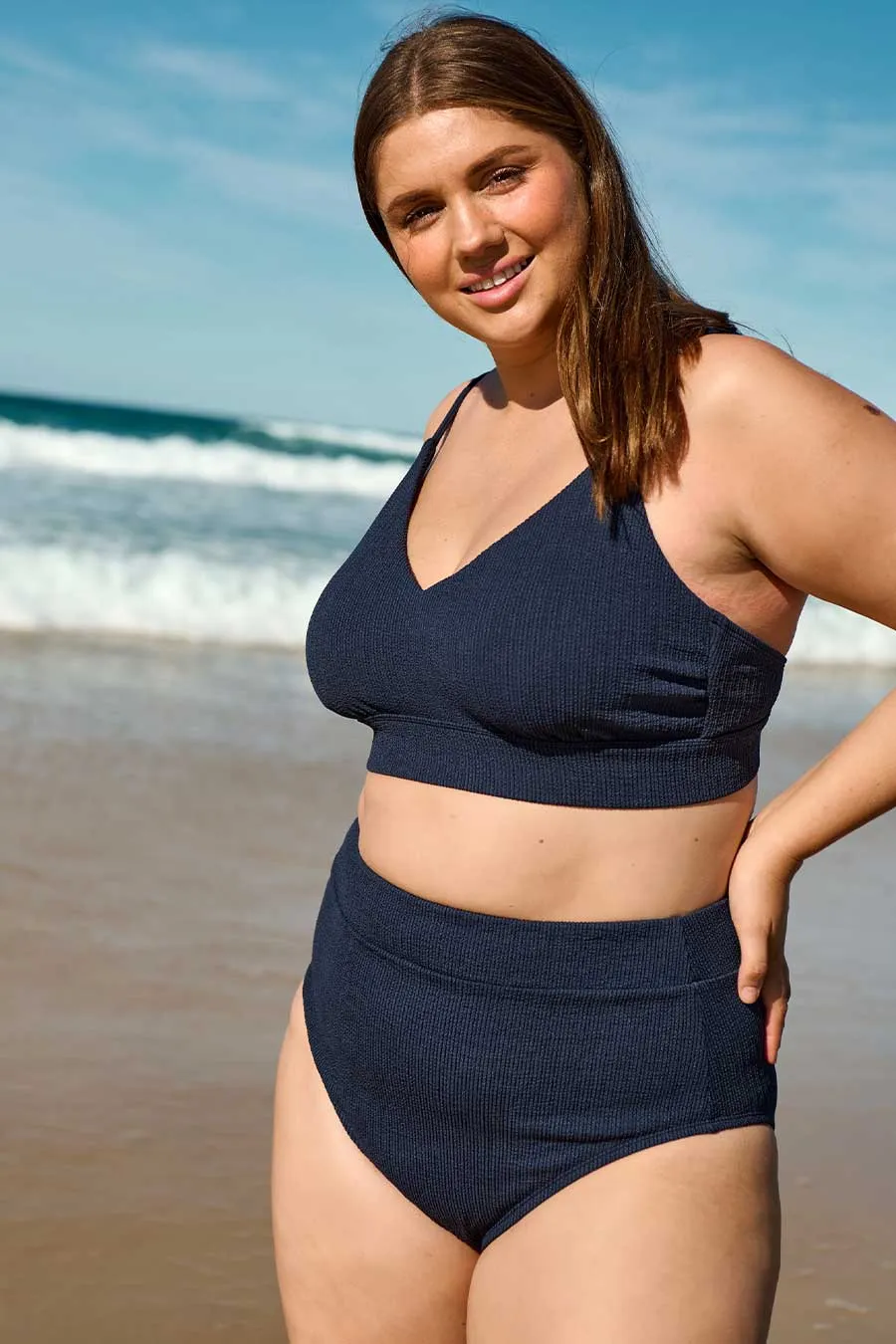 Byron High Waisted Bikini Bottom - Navy Texture
