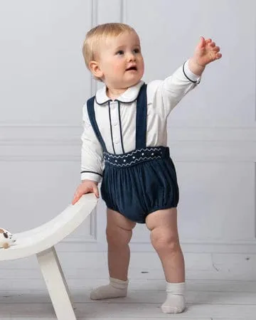 Caramelo Navy Corduroy Hand Smocked Dungaree Set