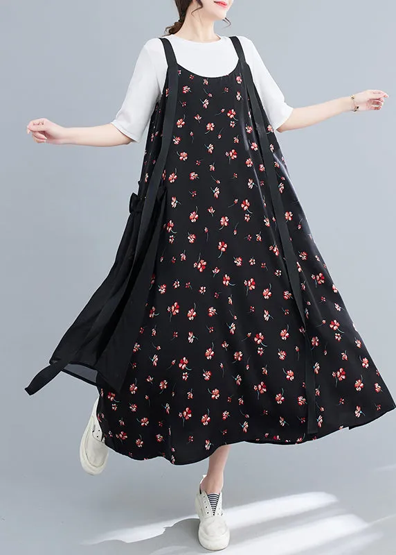Casual Black Ruffled Patchwork Print Chiffon Strap Dress Summer