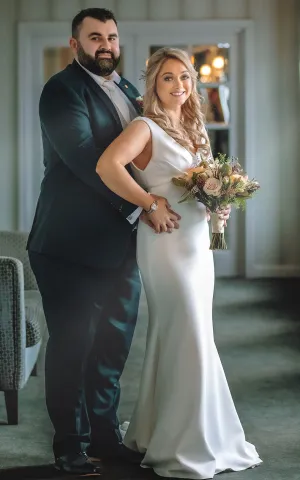 Casual Sheath Satin V-neck Wedding Dress With Open Back And Ruching-716564