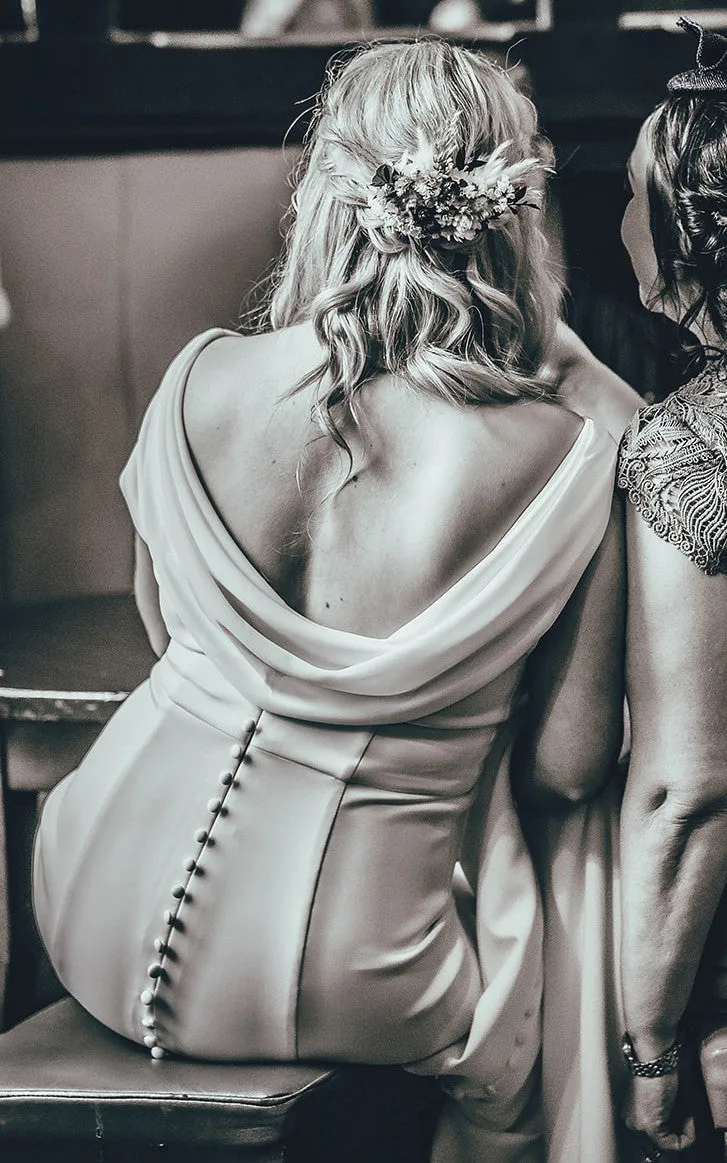 Casual Sheath Satin V-neck Wedding Dress With Open Back And Ruching-716564