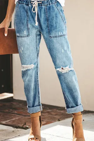 Casual Solid Ripped Capris Straight Solid Color Bottoms(3 Colors)