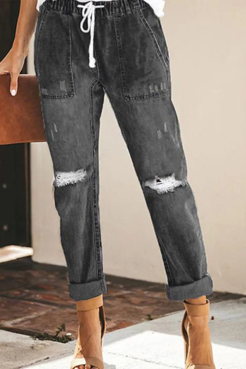Casual Solid Ripped Capris Straight Solid Color Bottoms(3 Colors)