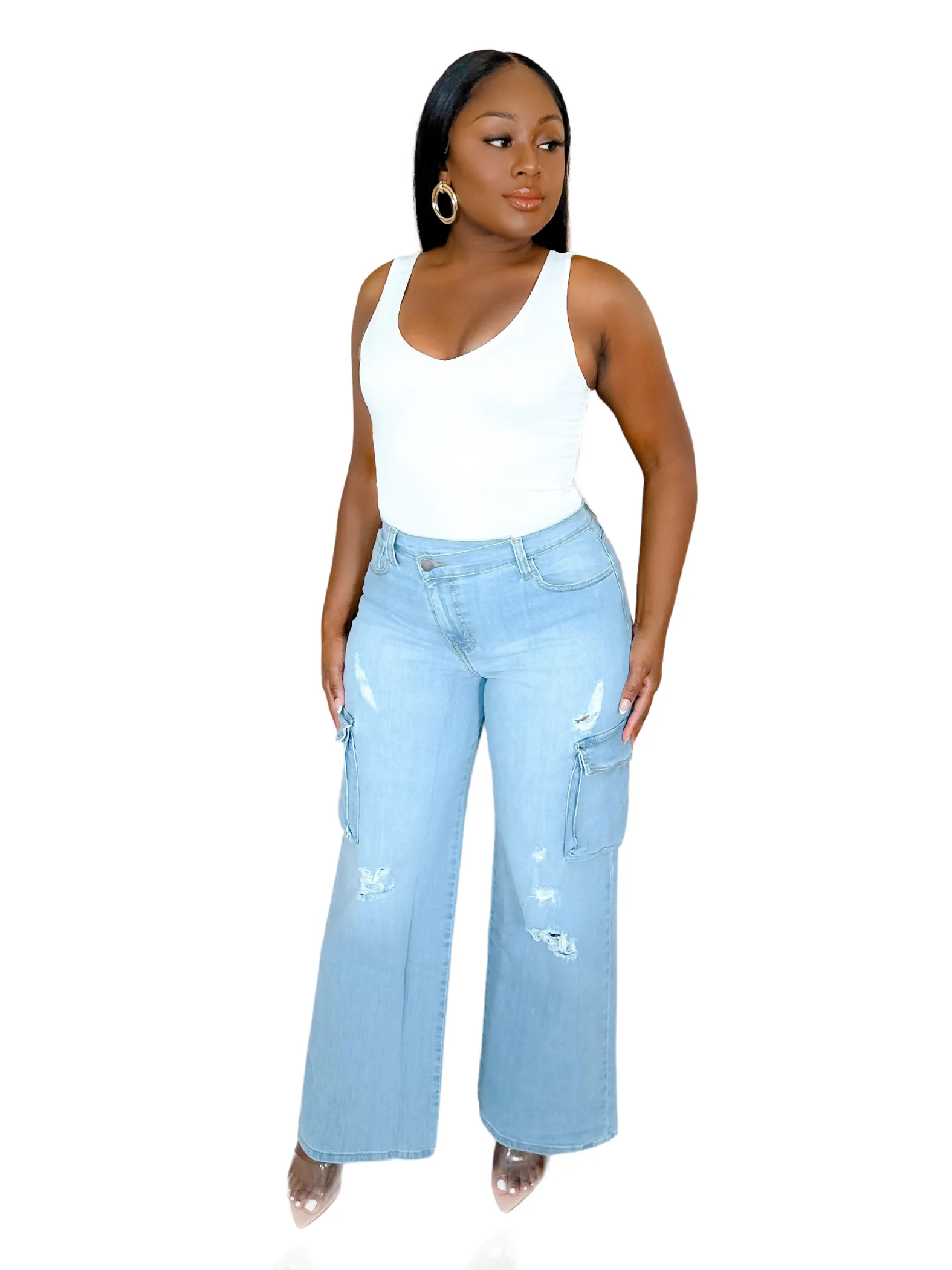 CASUAL STATEMENT HIGH-RISE DENIM CARGO JEANS