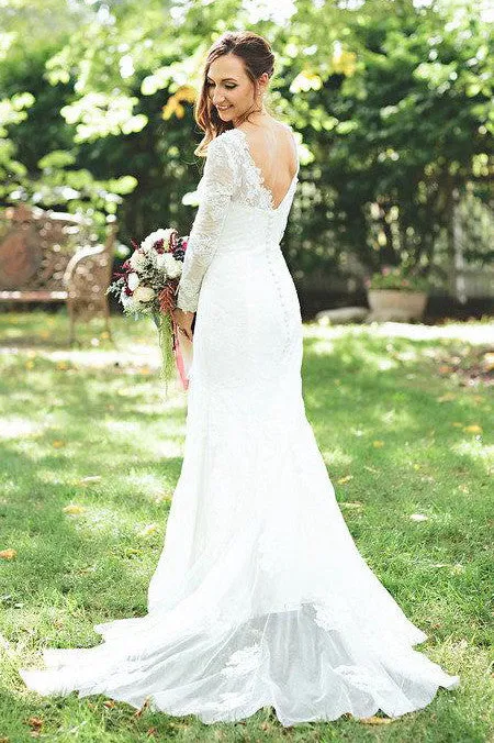 Chantilly Lace Trumpet With Long Lace Sleeves Dress-712087