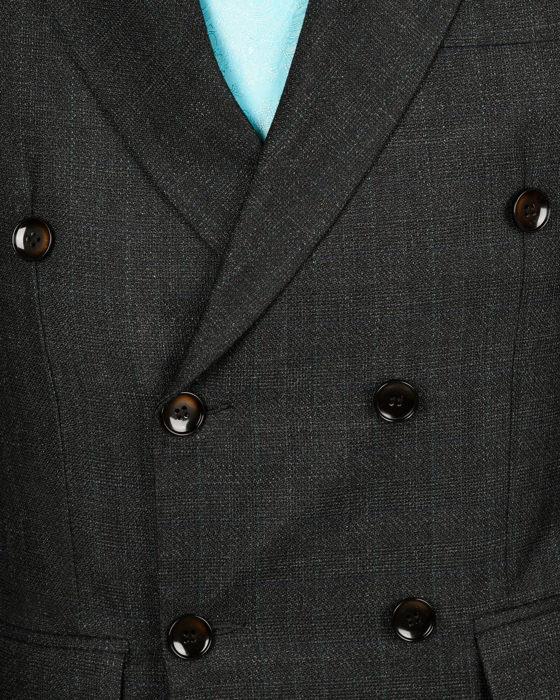 Charcoal Slubbed Wool Rich Double Breasted Blazer