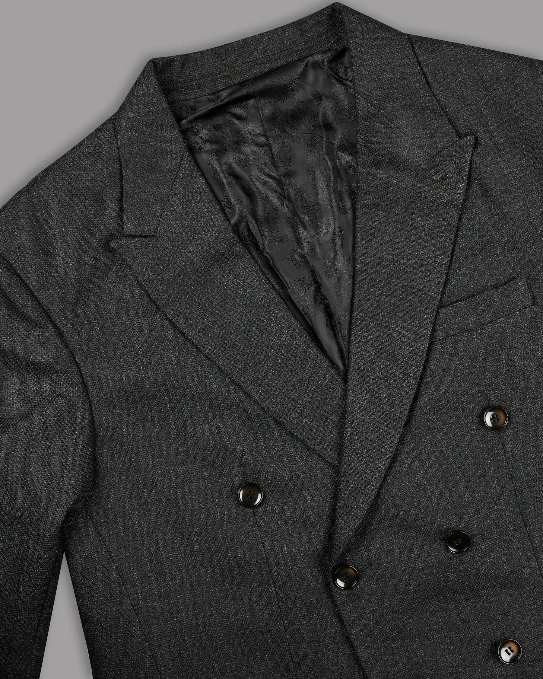Charcoal Slubbed Wool Rich Double Breasted Blazer