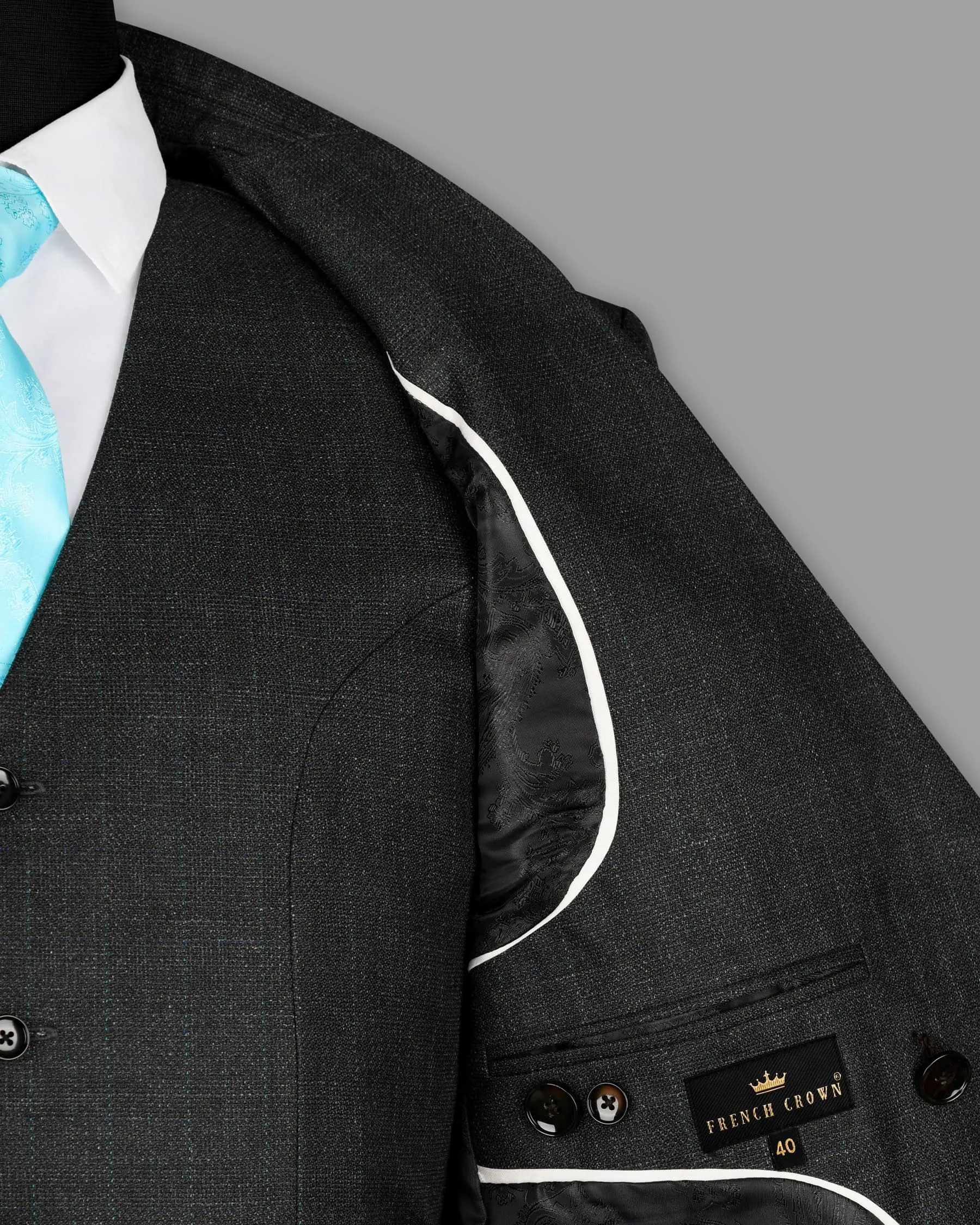 Charcoal Slubbed Wool Rich Double Breasted Blazer