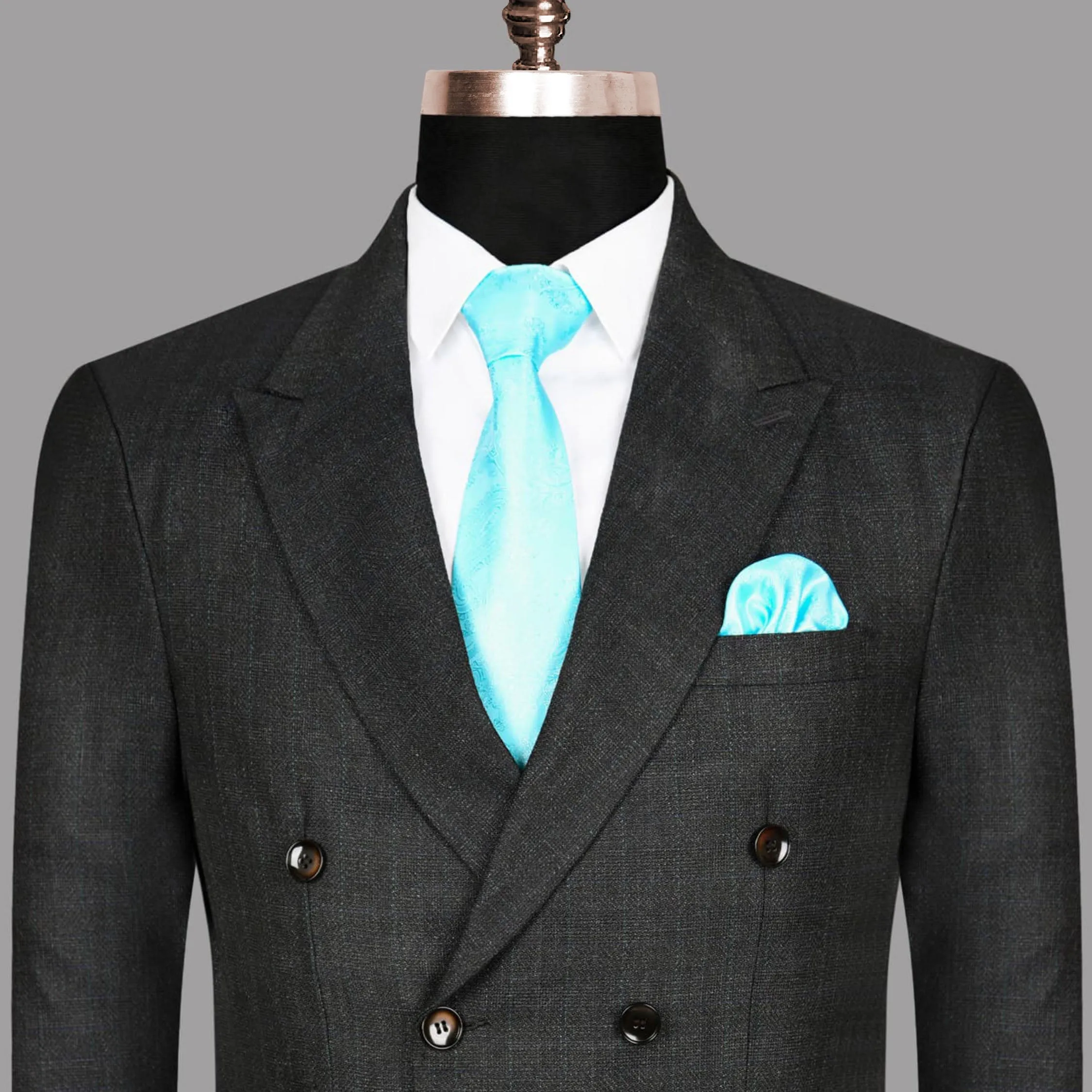 Charcoal Slubbed Wool Rich Double Breasted Blazer
