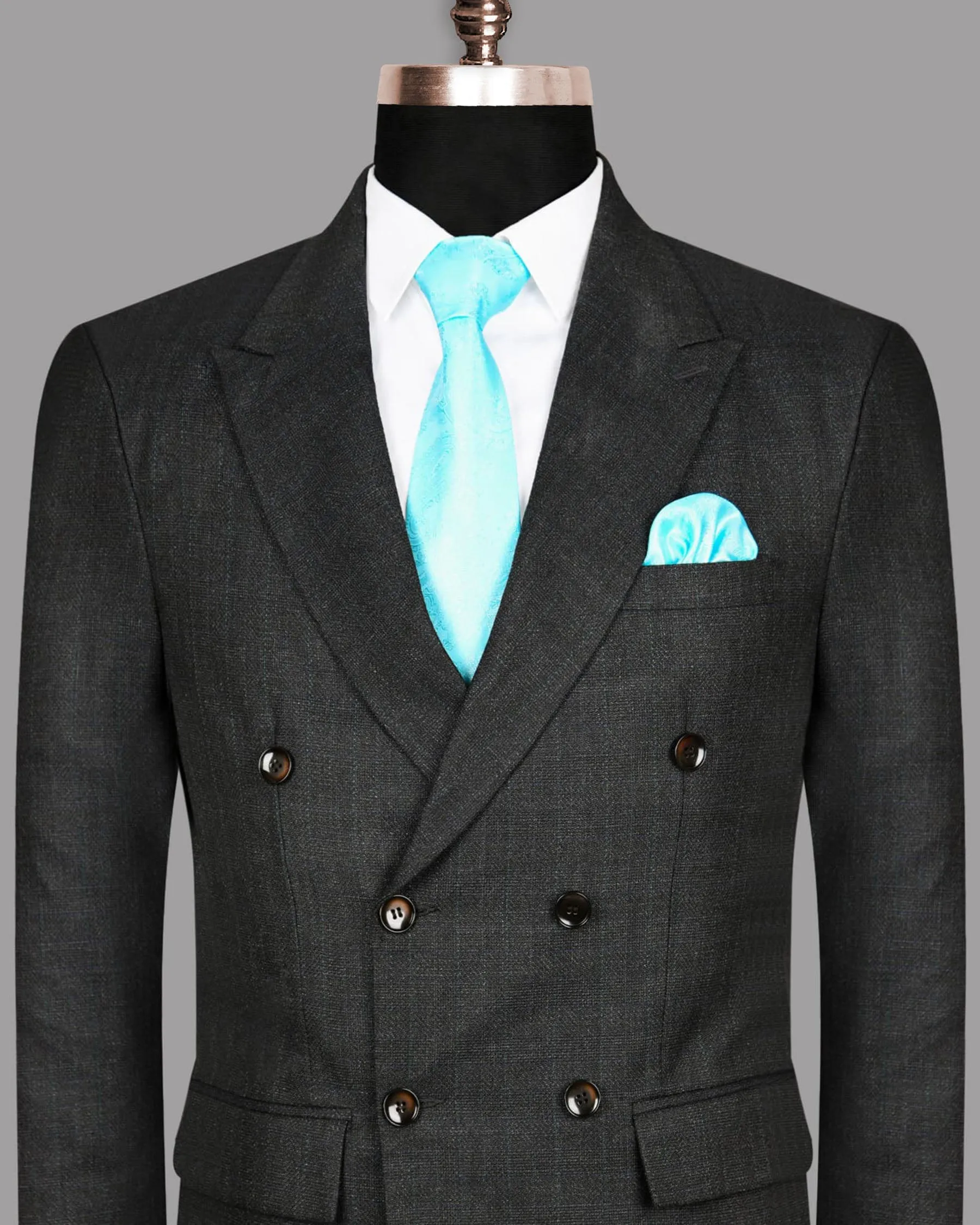 Charcoal Slubbed Wool Rich Double Breasted Blazer