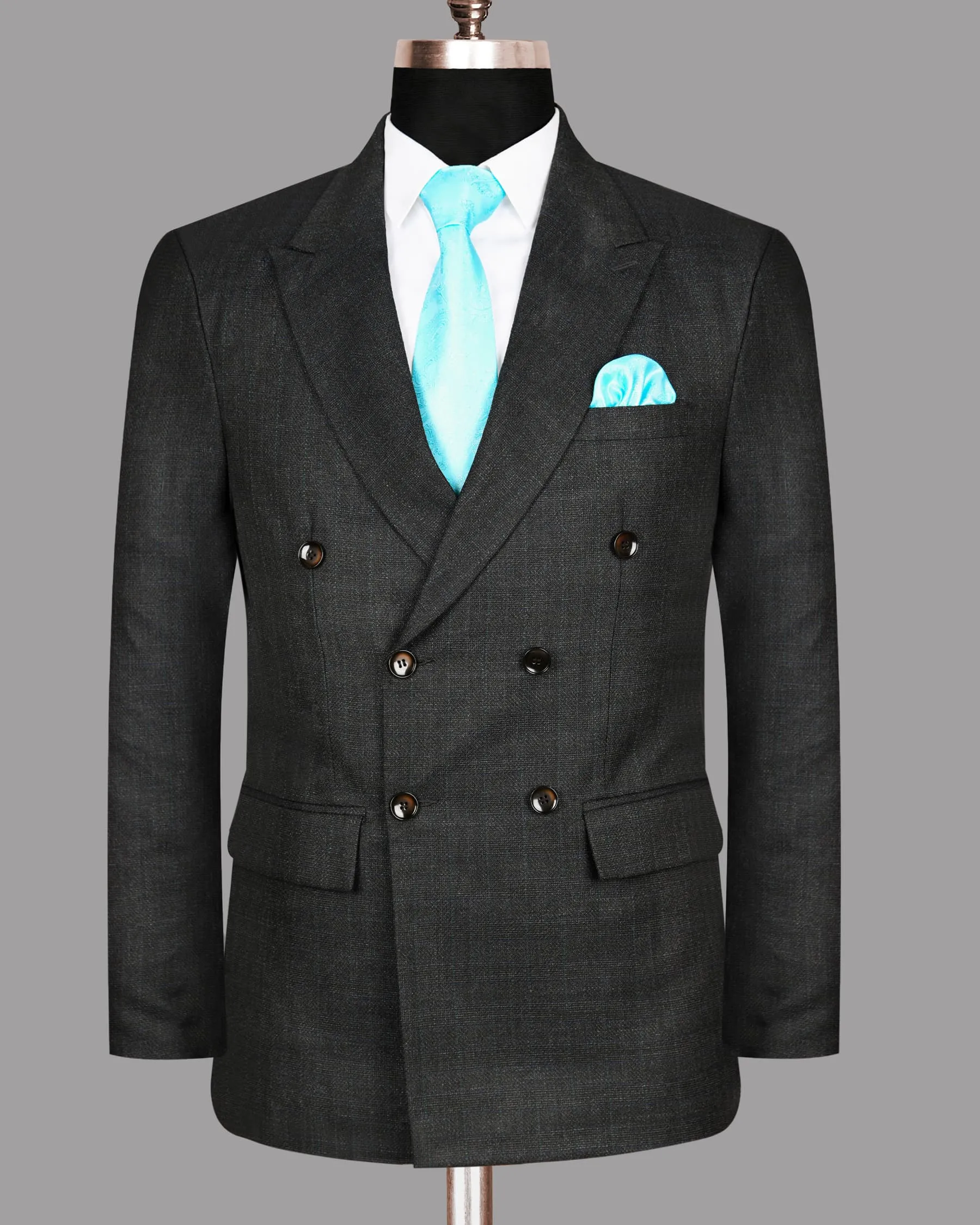 Charcoal Slubbed Wool Rich Double Breasted Blazer