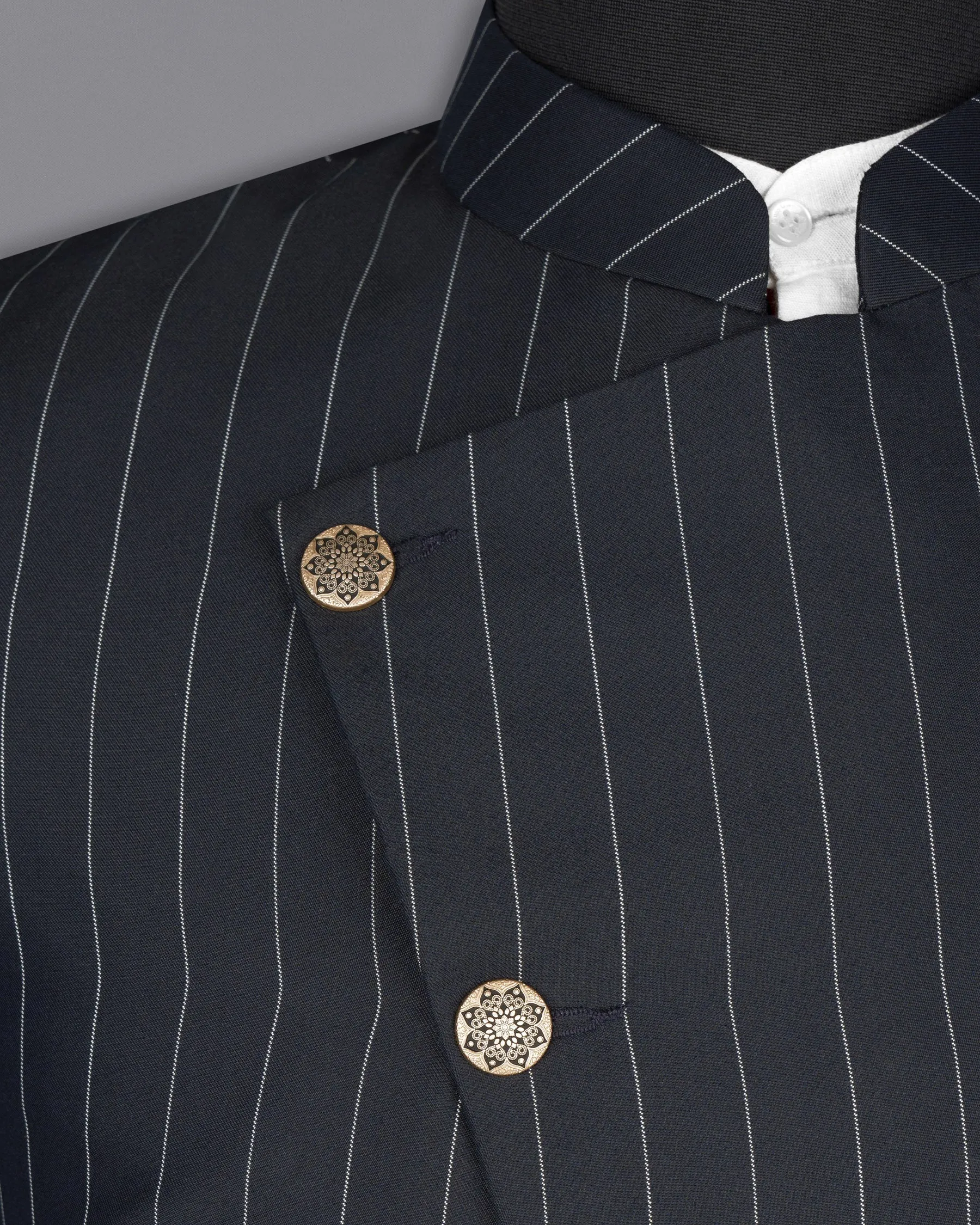 Charcoal Striped Cross Buttoned Wool Rich Bandhgala Blazer
