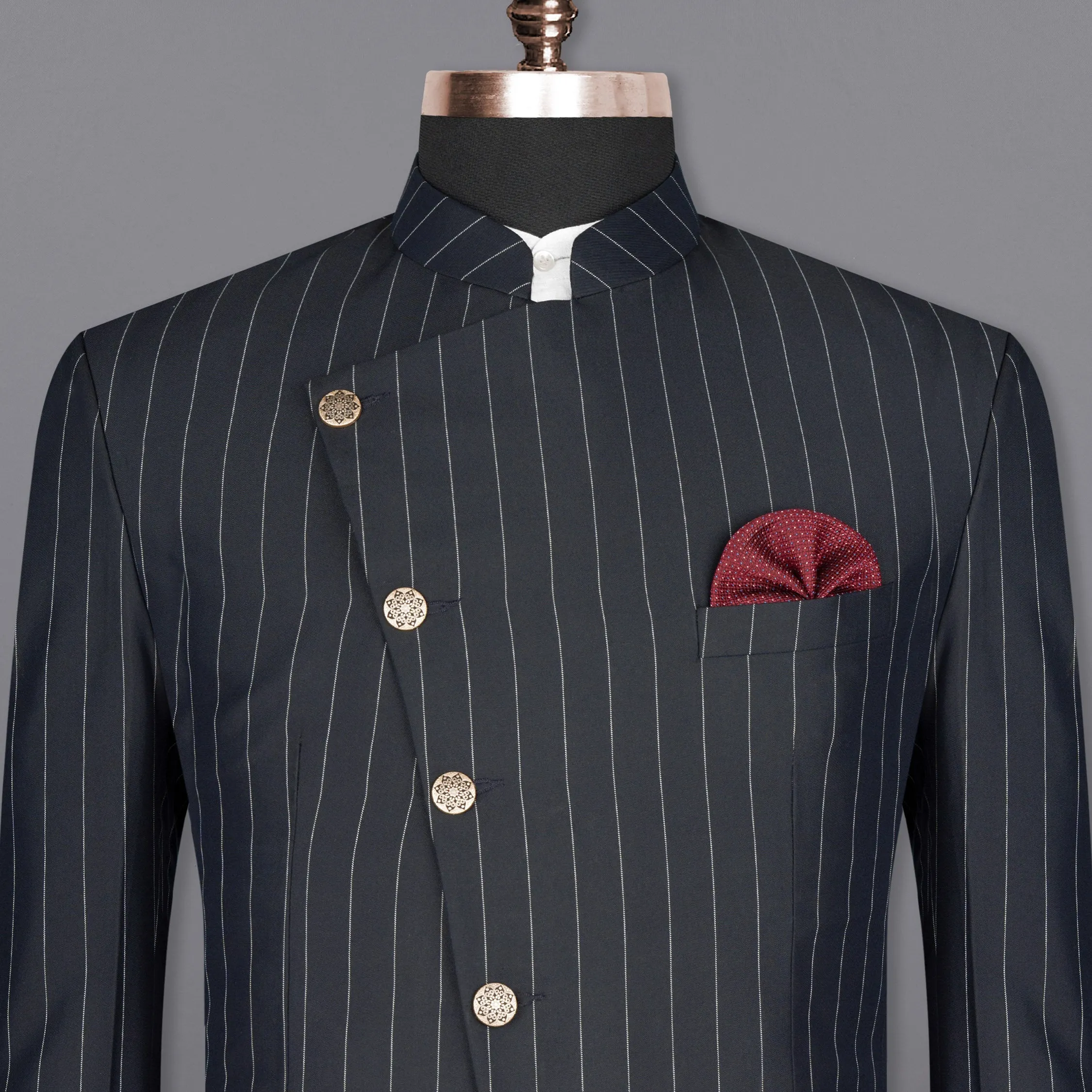 Charcoal Striped Cross Buttoned Wool Rich Bandhgala Blazer