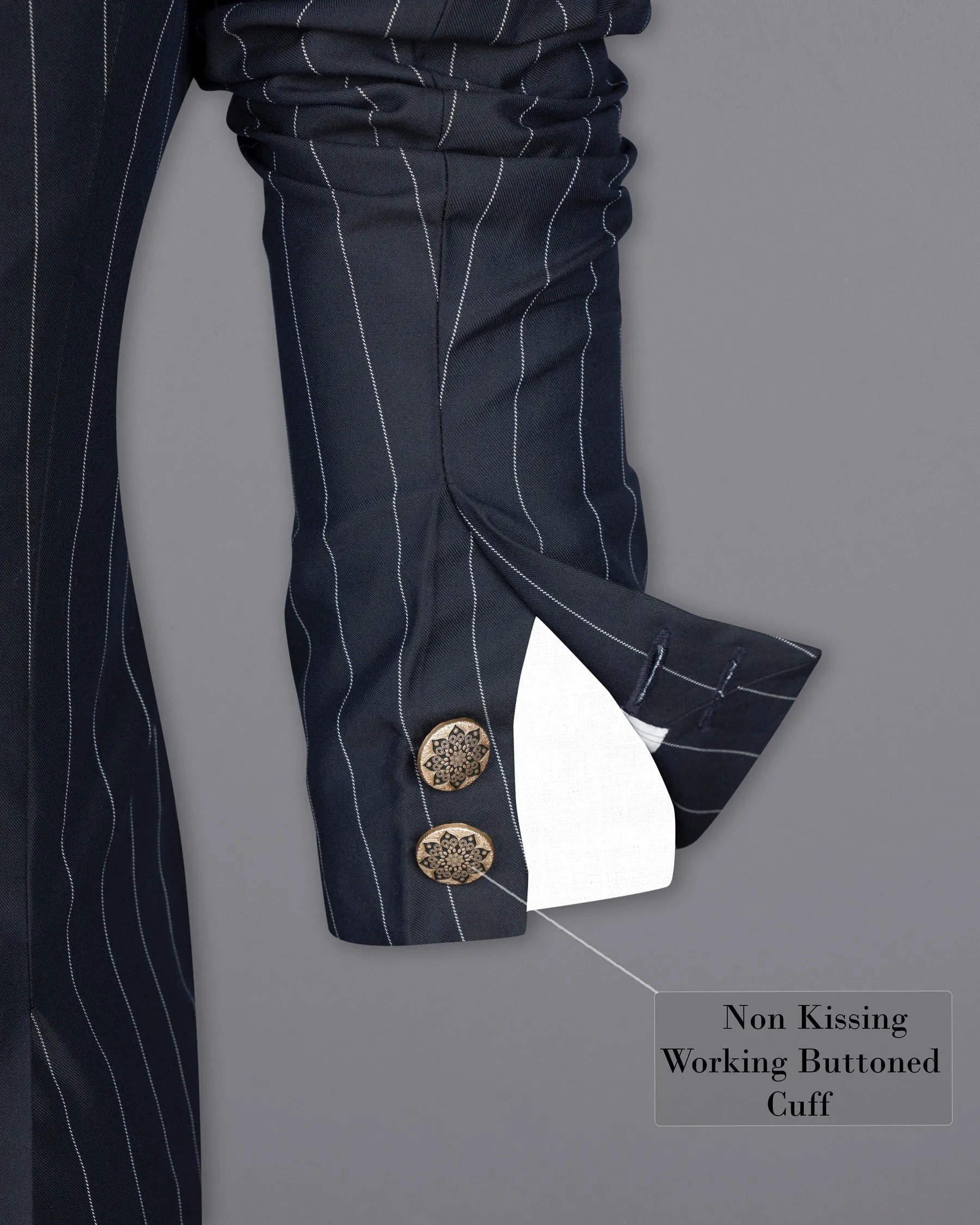 Charcoal Striped Cross Buttoned Wool Rich Bandhgala Blazer