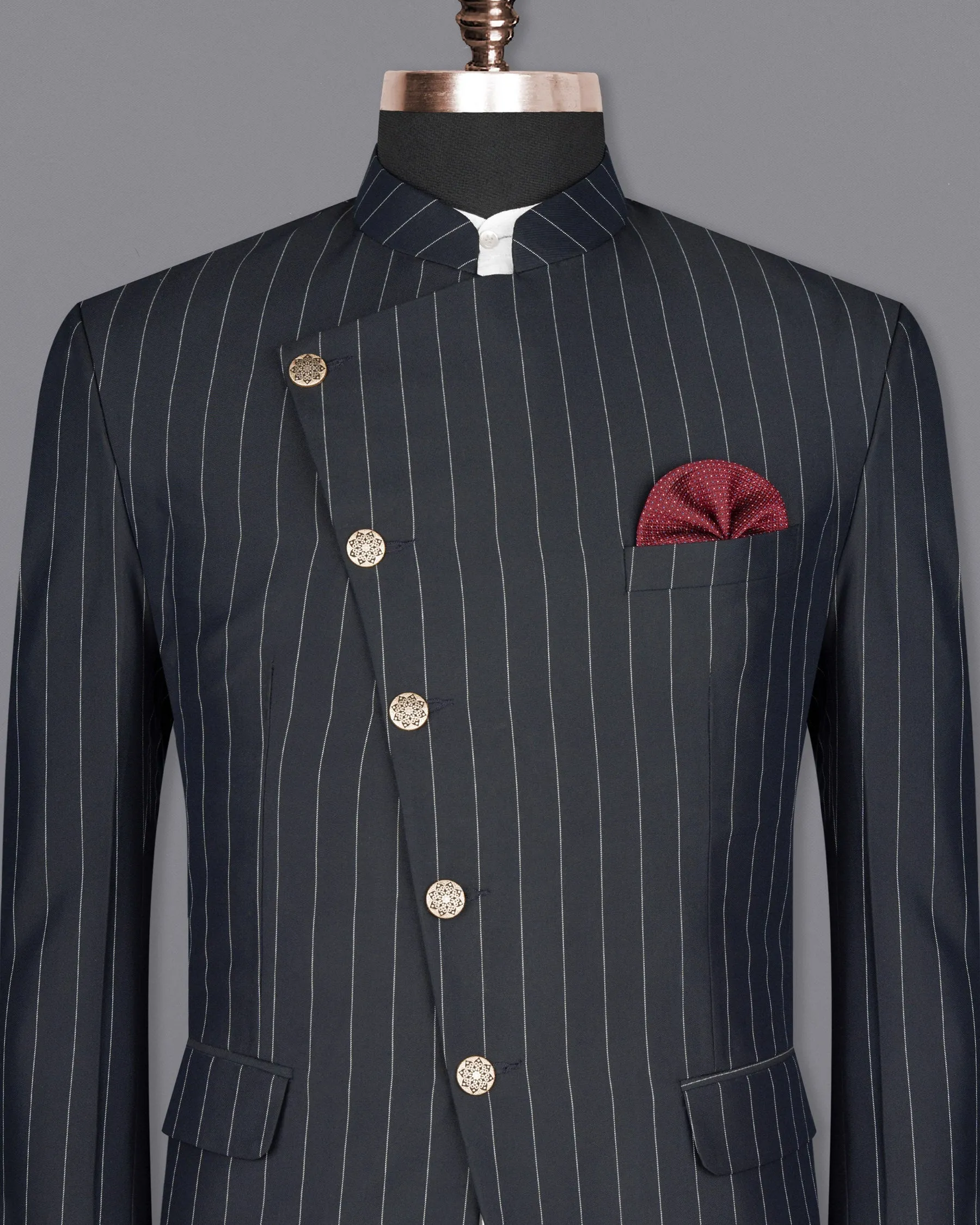 Charcoal Striped Cross Buttoned Wool Rich Bandhgala Blazer