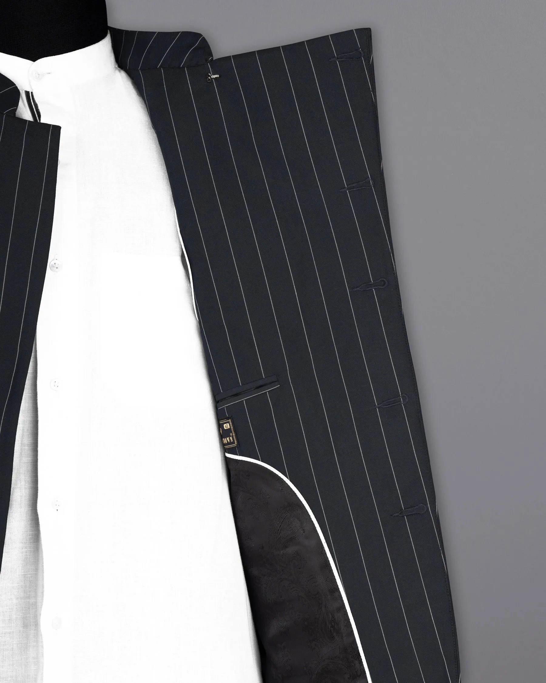 Charcoal Striped Cross Buttoned Wool Rich Bandhgala Blazer