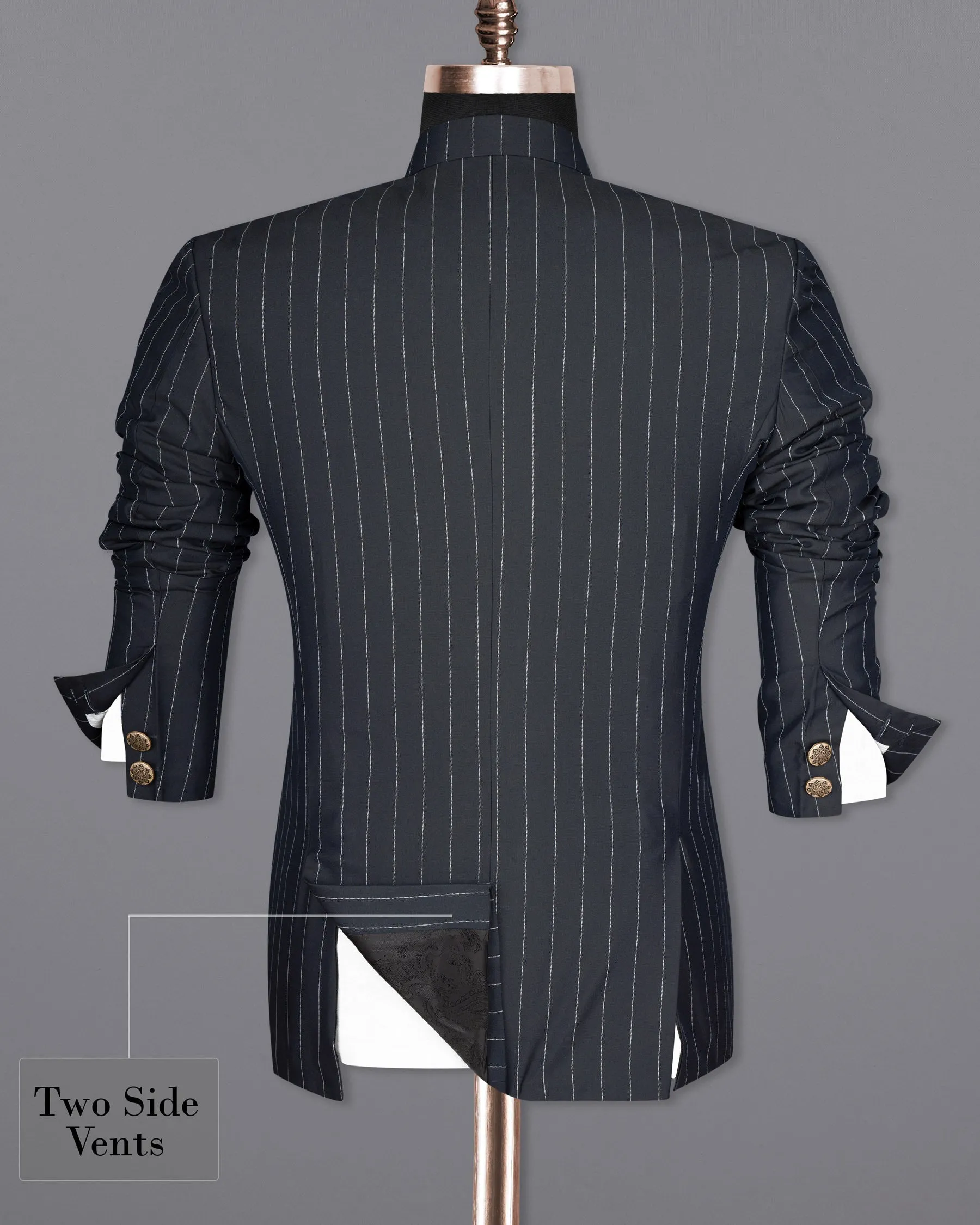 Charcoal Striped Cross Buttoned Wool Rich Bandhgala Blazer