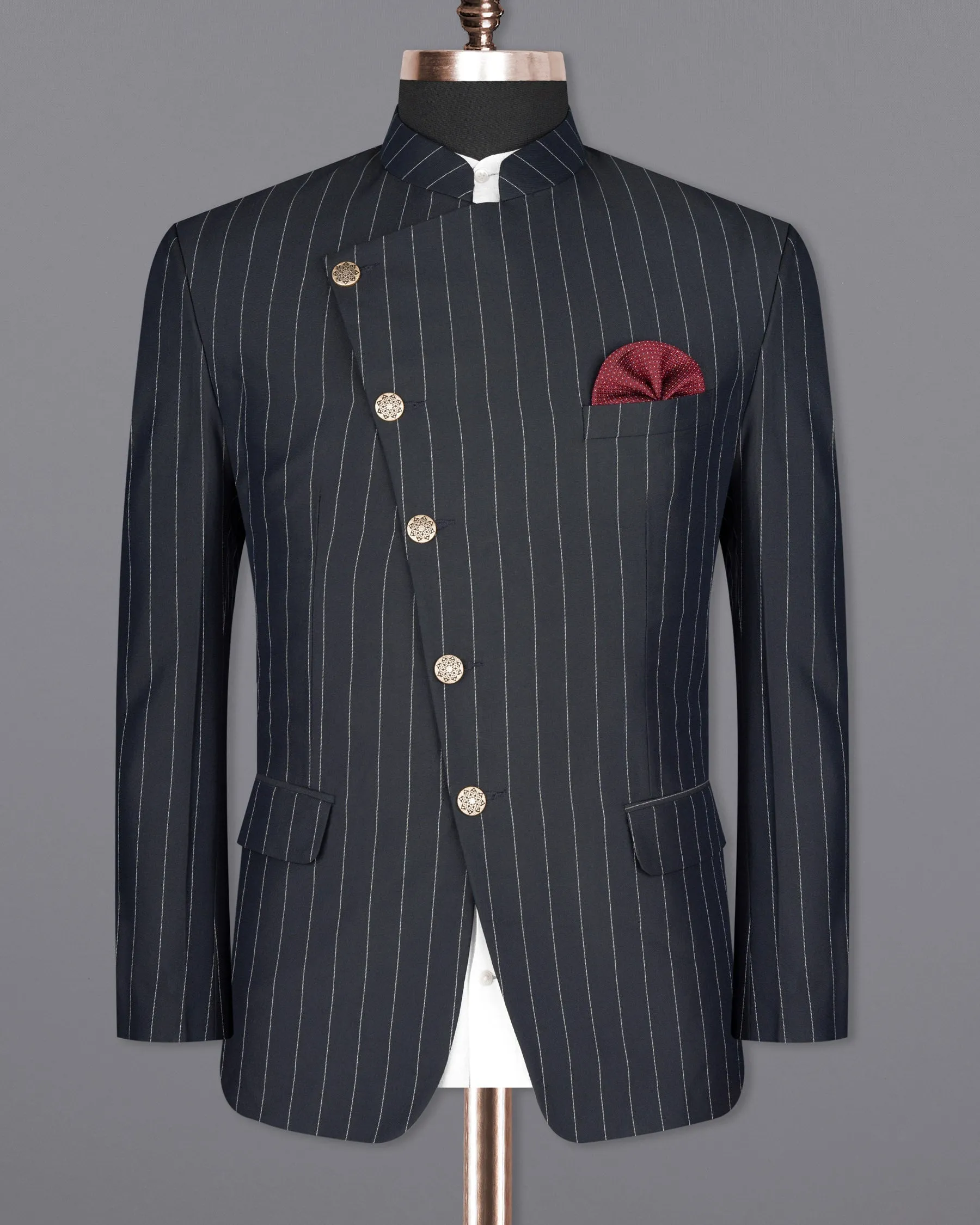 Charcoal Striped Cross Buttoned Wool Rich Bandhgala Blazer