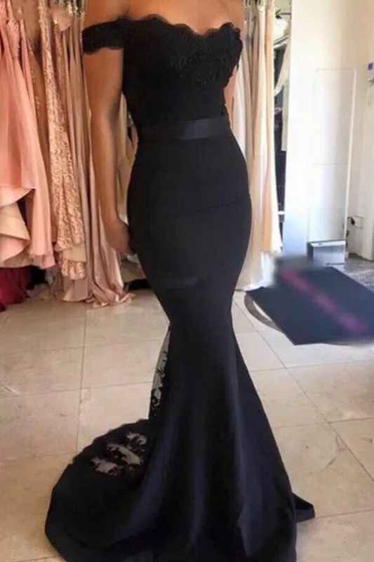 Cheap Mermaid Long Dress lace Black Off the Shoulder with Sash Prom Gowns