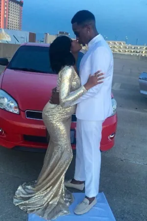 Cheap Shiny Gold Long Sleeves Floor Length Prom Dresses