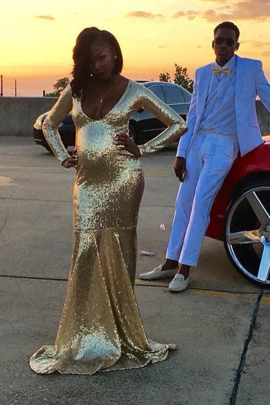 Cheap Shiny Gold Long Sleeves Floor Length Prom Dresses